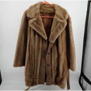 Vintage Furrage Tissavel France Faux Fur Coat Brown Belted Mid Length Jacket